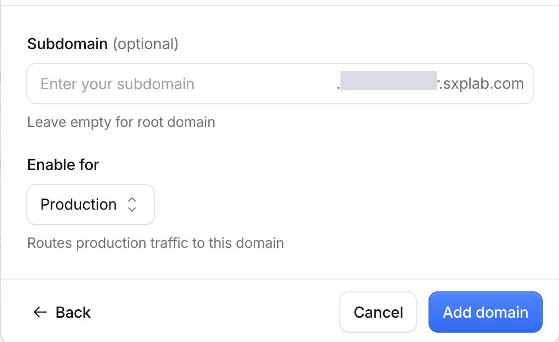 Custom domain form configured for the root production domain