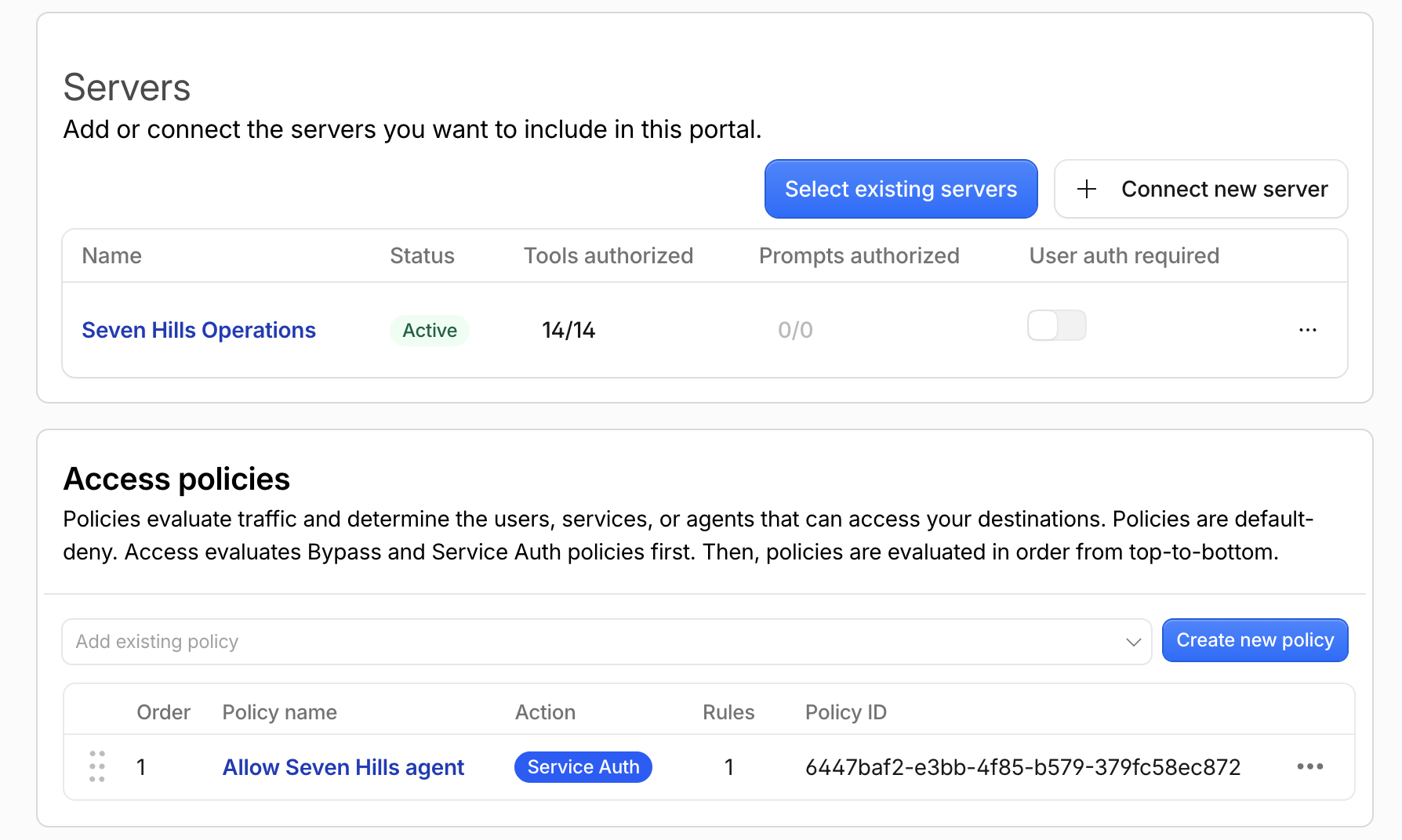 Seven Hills MCP portal configuration with all Operations tools enabled