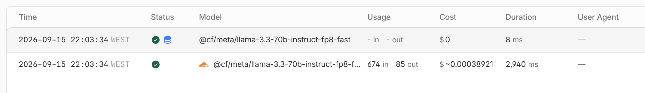 AI Gateway logs showing a cache miss followed by cache hits