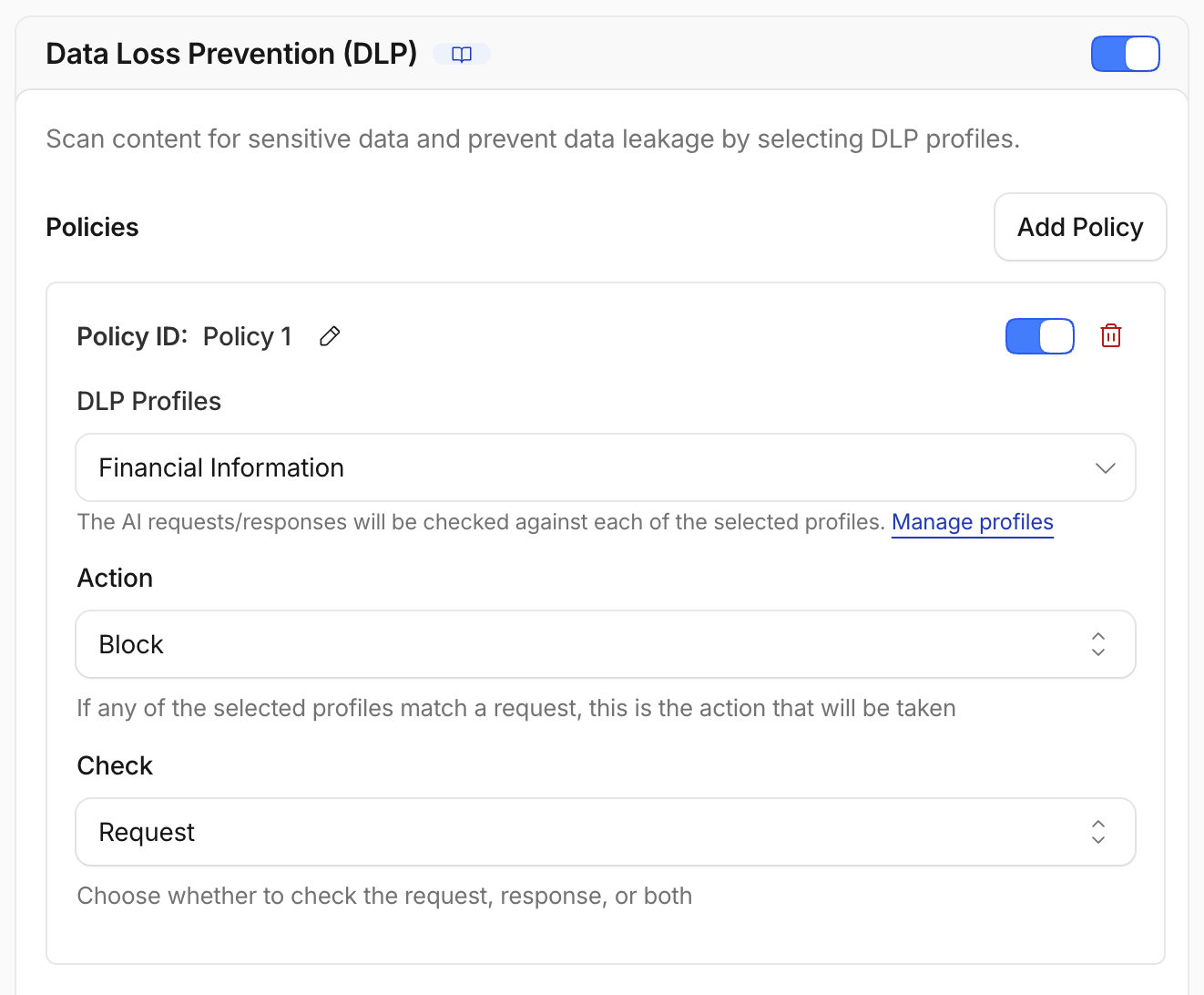 Request-side financial information DLP policy